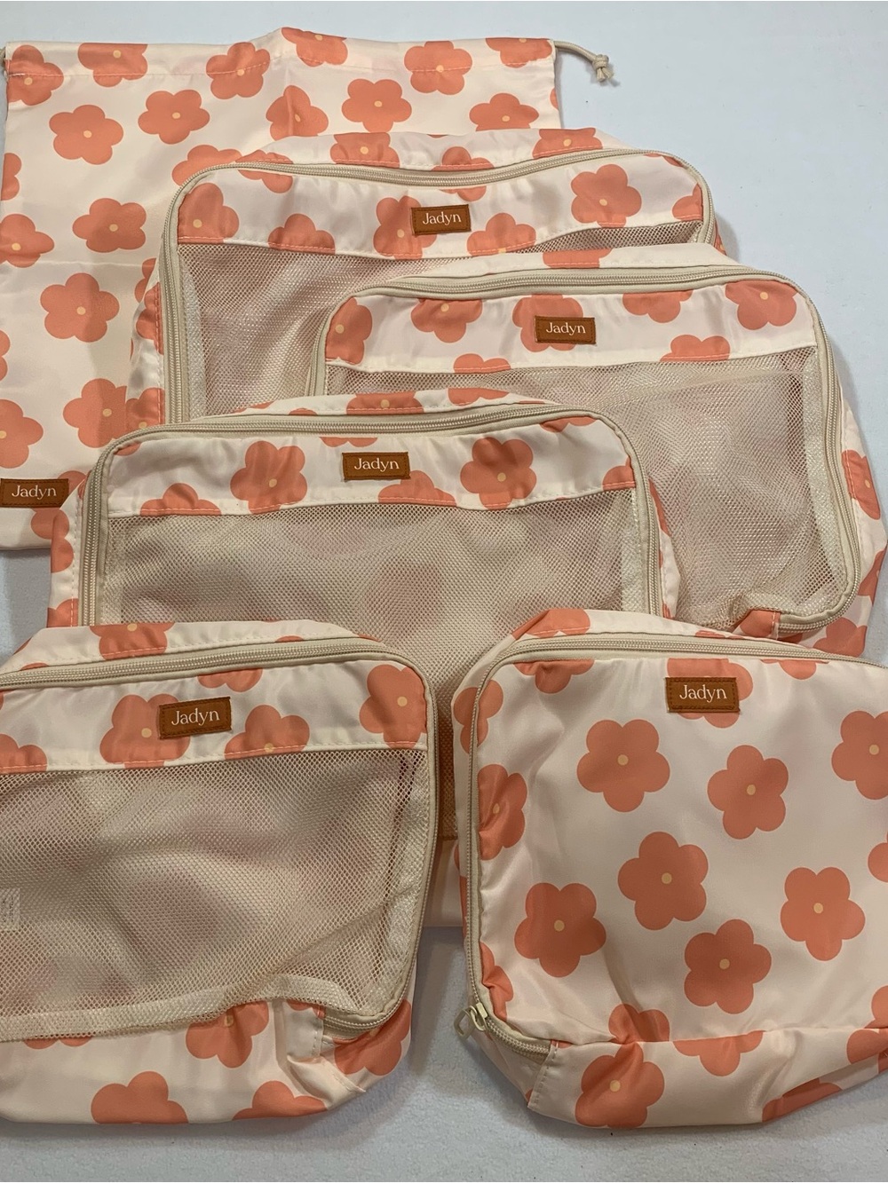 Jadyn Bags Daisy Floral Cube Organizer Packing 6 Piece Set Mesh Peach Travel